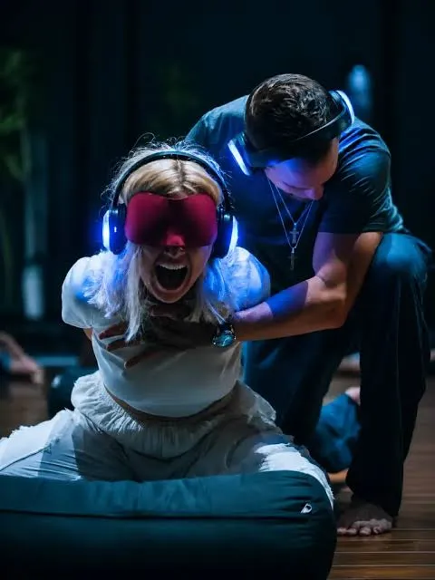 Person in blindfold experiencing an emotional release while seated, with another person behind, both wearing headphones.